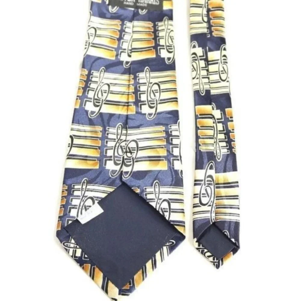 Steven Harris Tie Necktie Music Musical Notes Band Blue Tan‎ Gold Hand Made
